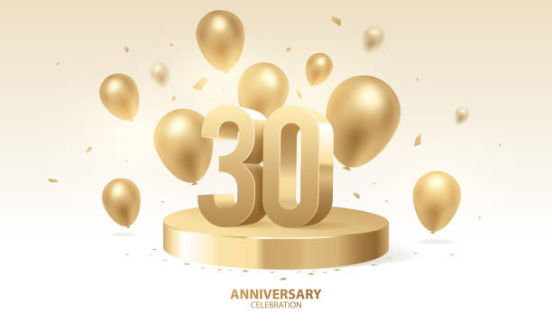30th birthday 30th Anniversary celebration background. 3D Golden numbers on round podium with confetti and balloons.